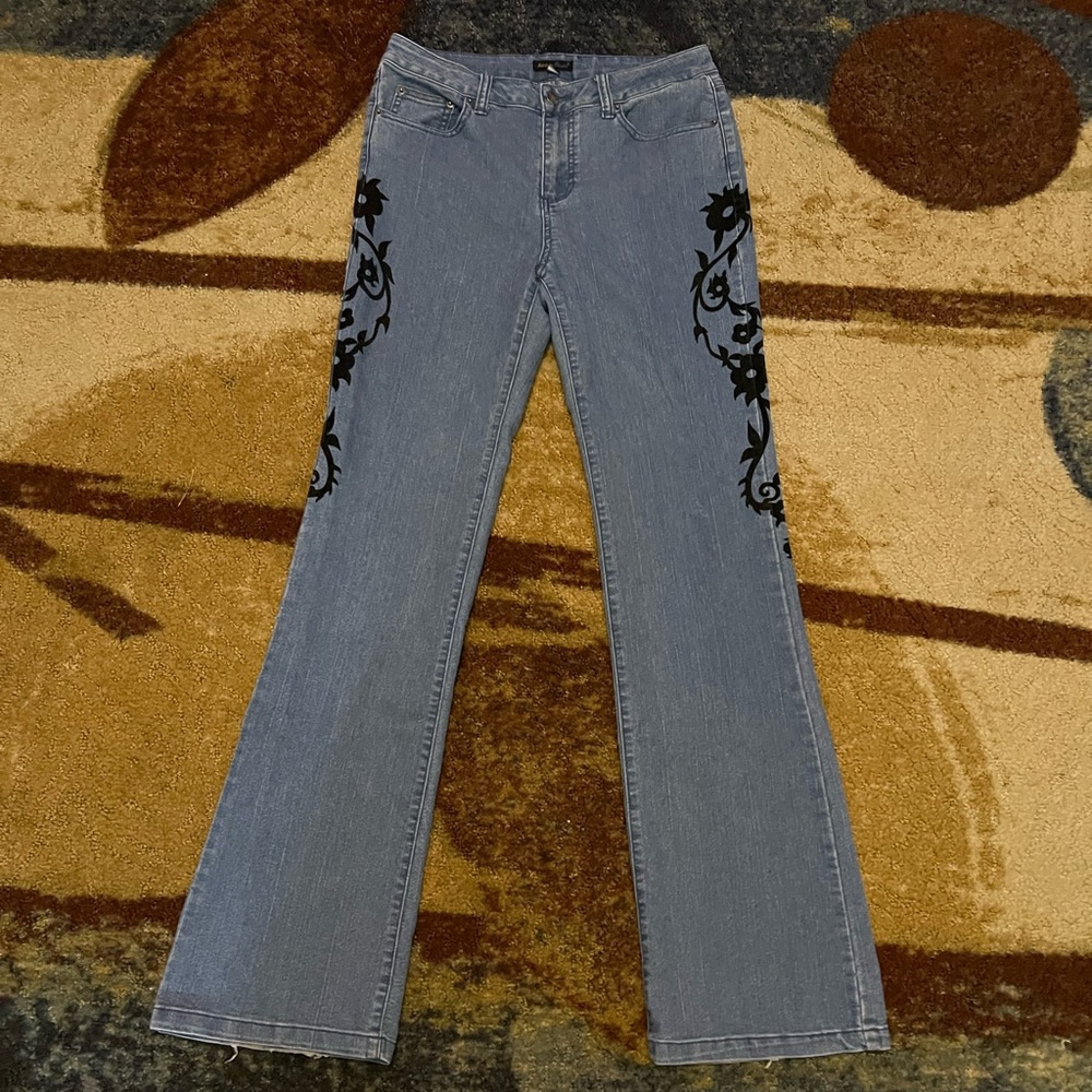 Blue jeans black floral side design